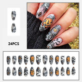 24pcs Halloween Theme Press On Nails Glossy Almond Dark Black False Nail Tips Pumpkin Spider Bat Pattern Print Fake Nail Tips